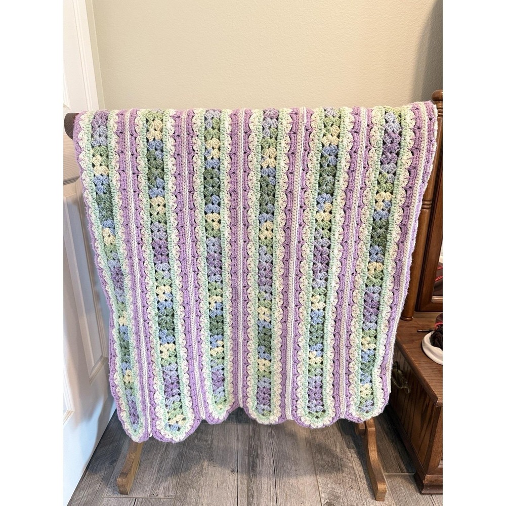 Crocheted Afghan Purple Green Blue & Cream Mile A Minute Pat Handmade Grannycore